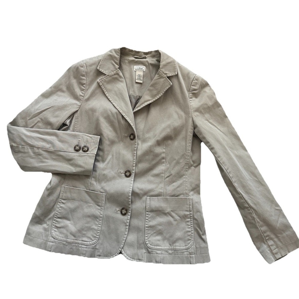 LL Bean Jacket Womens Sz 12R Utility‎ Khaki Cotton Canvas Unlined Blazer Jacket